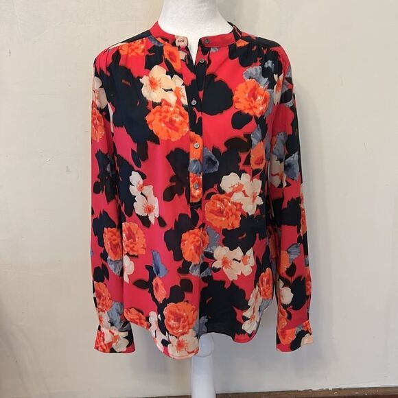 J Crew black red floral sheer long sleeve blouse Size S EUC - Picture 2 of 10